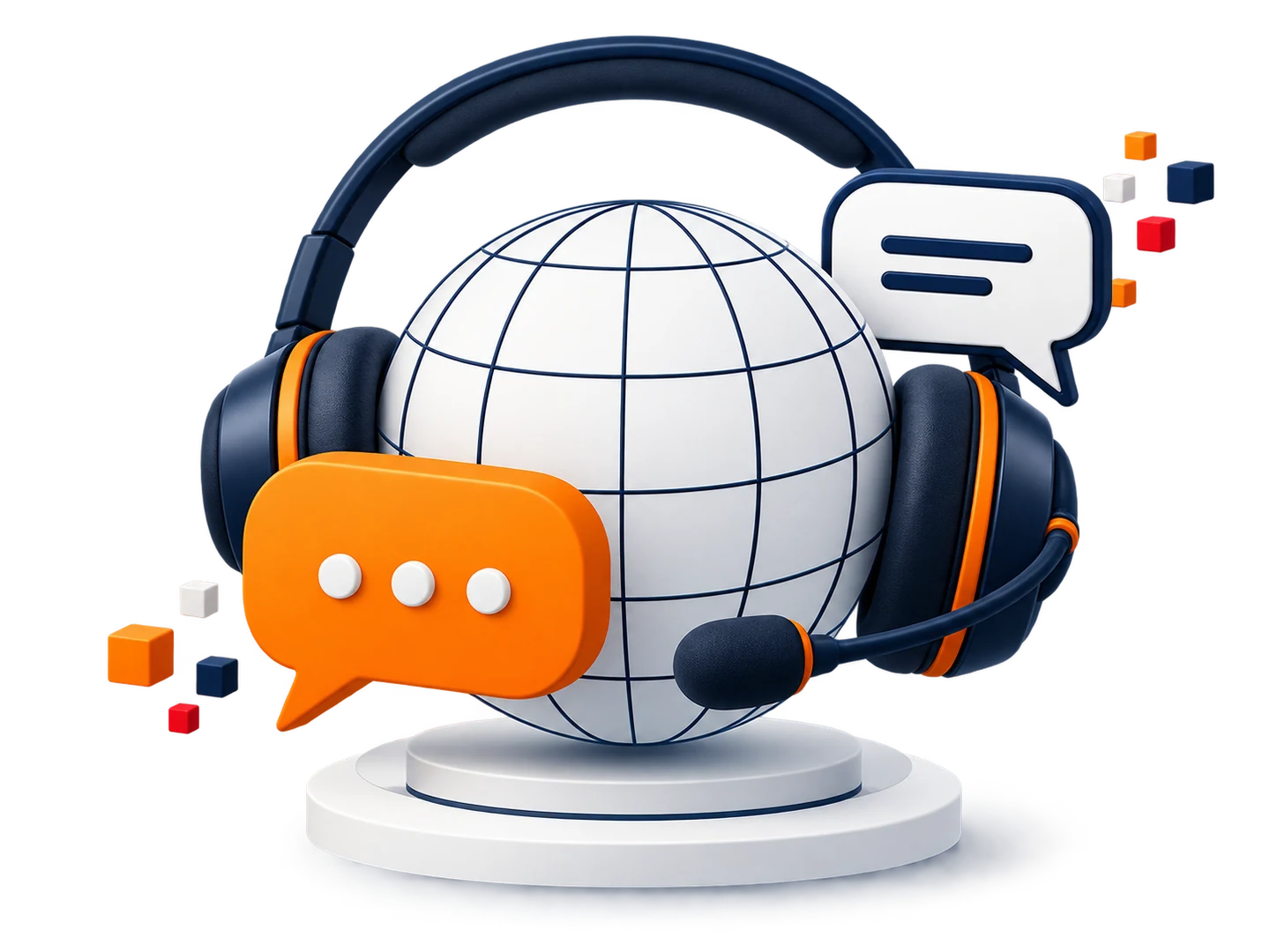 Illustration of global customer support: a globe framed by a headset and conversation symbols in navy and orange.